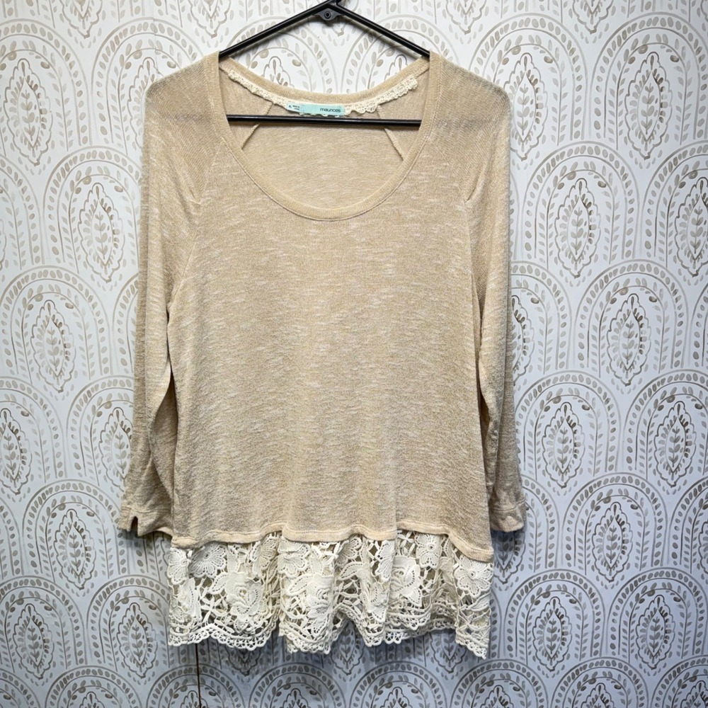 Maurices Crochet Lace Trim Top Womens XL Tan Marled Knit Long Sleeve Boho
